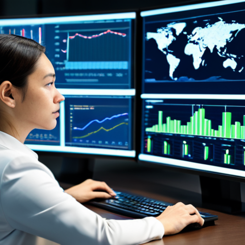 A professional female policy analyst, fully clothed in a modest business suit, focused intently at a desk in a sleek, modern data analysis hub. She is surrounded by multiple high-resolution screens displaying complex, vibrant data visualizations, including dynamic charts, predictive models, and network diagrams. The background features a subtle, blurred cityscape and a faint holographic world map, emphasizing global strategy. The image conveys deep insight and strategic foresight through cinematic lighting and sharp focus. safe for work, appropriate content, fully clothed, professional, perfect anatomy, correct proportions, natural pose, well-formed hands, proper finger count, natural body proportions, family-friendly.