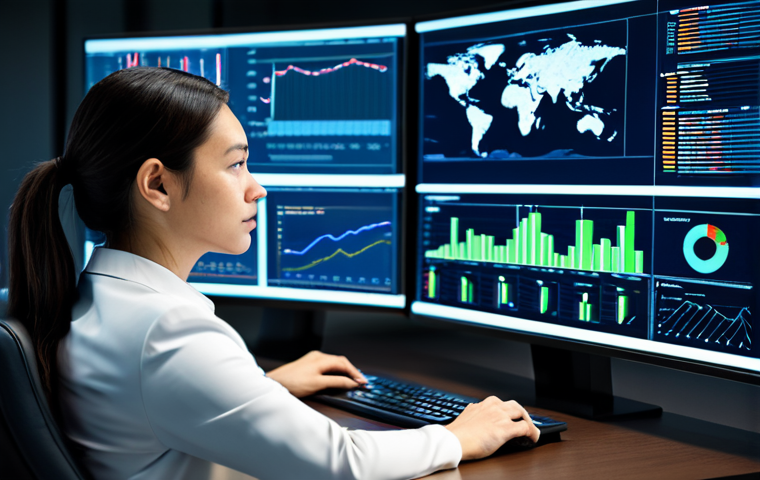 A professional female policy analyst, fully clothed in a modest business suit, focused intently at a desk in a sleek, modern data analysis hub. She is surrounded by multiple high-resolution screens displaying complex, vibrant data visualizations, including dynamic charts, predictive models, and network diagrams. The background features a subtle, blurred cityscape and a faint holographic world map, emphasizing global strategy. The image conveys deep insight and strategic foresight through cinematic lighting and sharp focus. safe for work, appropriate content, fully clothed, professional, perfect anatomy, correct proportions, natural pose, well-formed hands, proper finger count, natural body proportions, family-friendly.