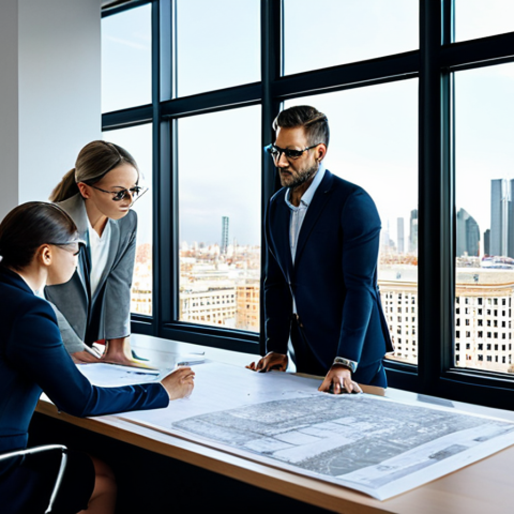 **
A professional female architect in a modern office, reviewing blueprints with colleagues. She is wearing a modest business suit and glasses, fully clothed, appropriate attire. The office has large windows with a cityscape view. Safe for work, perfect anatomy, natural proportions, professional photography, family-friendly.
**
