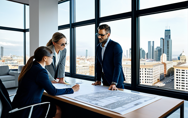 **

A professional female architect in a modern office, reviewing blueprints with colleagues. She is wearing a modest business suit and glasses, fully clothed, appropriate attire. The office has large windows with a cityscape view. Safe for work, perfect anatomy, natural proportions, professional photography, family-friendly.

**