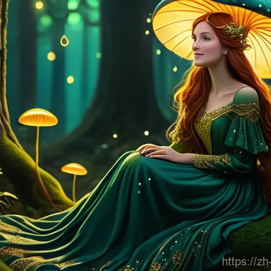 정책분석사와 공공정책의 효율성 평가 - A whimsical, fantastical forest scene at twilight. A young, smiling woman with long, flowing auburn ...