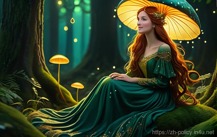 정책분석사와 공공정책의 효율성 평가 - A whimsical, fantastical forest scene at twilight. A young, smiling woman with long, flowing auburn ...