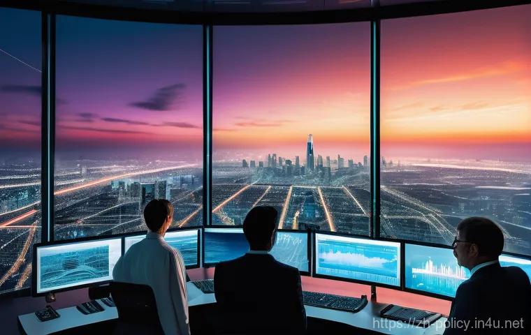 정책분석사와 공공정책 사례 연구 - **Prompt:** "A panoramic view of a futuristic, data-rich metropolis at dusk. The city is alive with ...