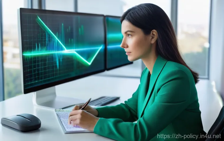 정책분석사와 변화 관리의 도전 과제 - **Prompt:** A highly focused policy analyst, female, in her late 30s, wearing a smart, tailored blaz...