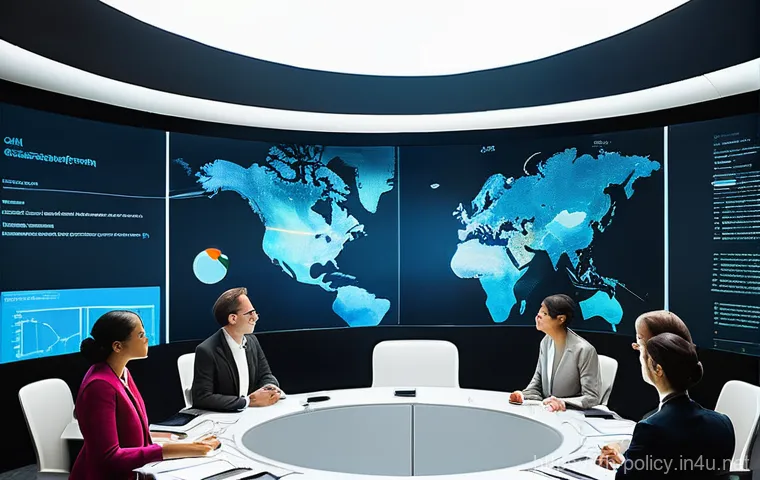 정책분석사와 국제정책 컨설팅 사례 - **Prompt:** A diverse group of male and female international policy analysts, dressed in professiona...