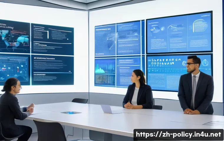 정책분석사와 사회적 영향 분석 사례 - A vibrant, futuristic policy analysis hub. Diverse policy analysts (men and women of various ages, p...